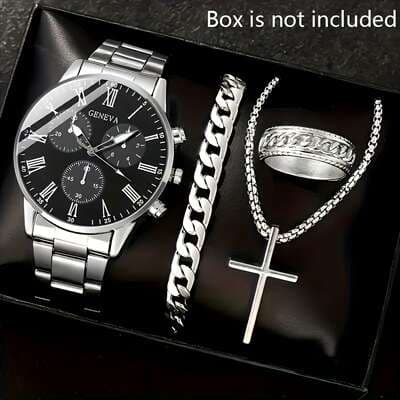 Conjunto relógio quartzo masculino bracelete aço