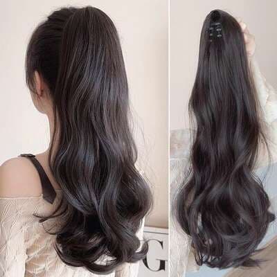 Clipe de rabo de cavalo feminino trança falsa cabelo artificial trança de rabo de cavalo falsa alto e baixo clipe de cabelo longo grande onda cabelo encaracolado naturalmente fofo