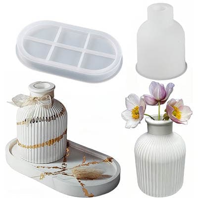 Molde de vaso de gesso Molde de vaso de ornamento Bandeja de vaso de flor de lótus Bandeja de vaso listrado Molde de silicone
