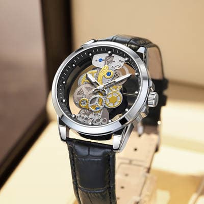 Novo relógio automático não mecânico de quartzo com mostrador esqueleto, relógio masculino à prova d'água, com ponteiro luminoso, aço inoxidável transparente, estilo personalizado, relógio masculino por atacado