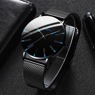 Relógio masculino Geneve best-seller de comércio exterior, relógio de quartzo com ponteiros azuis, estilo moderno e minimalista, bracelete de malha, venda direta de fábrica.