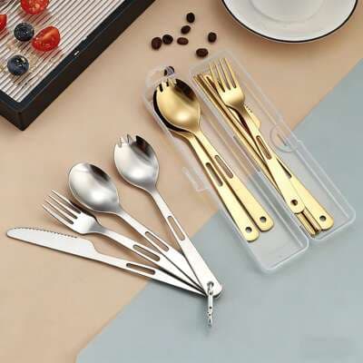 Conjunto de talheres de mesa portátil de aço inoxidável 304 garfo colher palitos acampamento ao ar livre oco de três furos faca garfo colher caixa de armazenamento