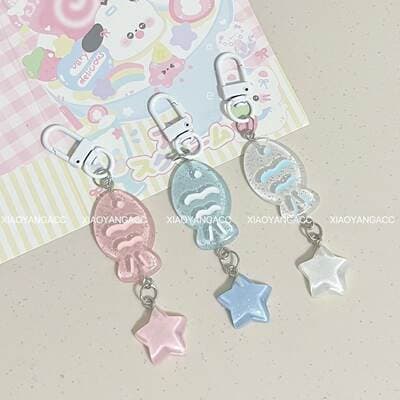 Porta-chaves H54 com bolinho de peixe (taiyaki) transparente e refrescante de verão, pingente de estrela brilhante, acessório para melhor amiga/casal