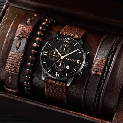 Relógio de presente conjunto masculino quente de comércio exterior 4 peças pulseira conjunto de quatro peças relógio masculino relógio de calendário relógio de quartzo esportivo