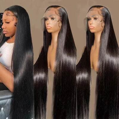 Peruca de cabelo liso comprido com risca ao meio frontal em renda